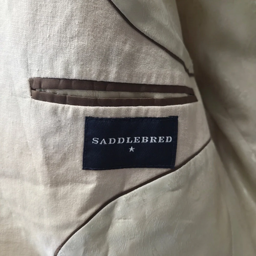 Saddlebred Linen Blazer Mens 44R Tan Beige Two Button Tailored Summer Sport Coat